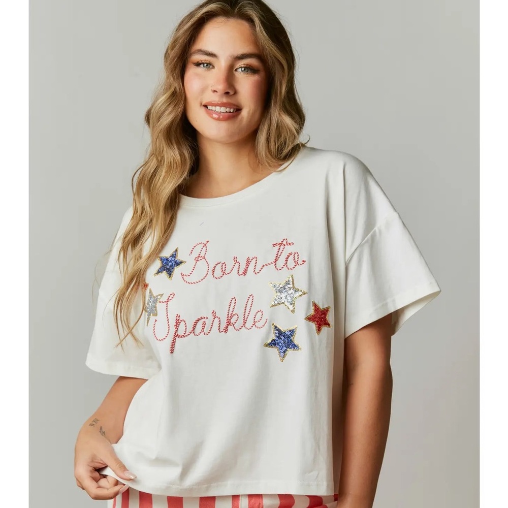 Born To Sparkle Red White and Blue Sequin Patch Tee. Perfect for 4th of July!